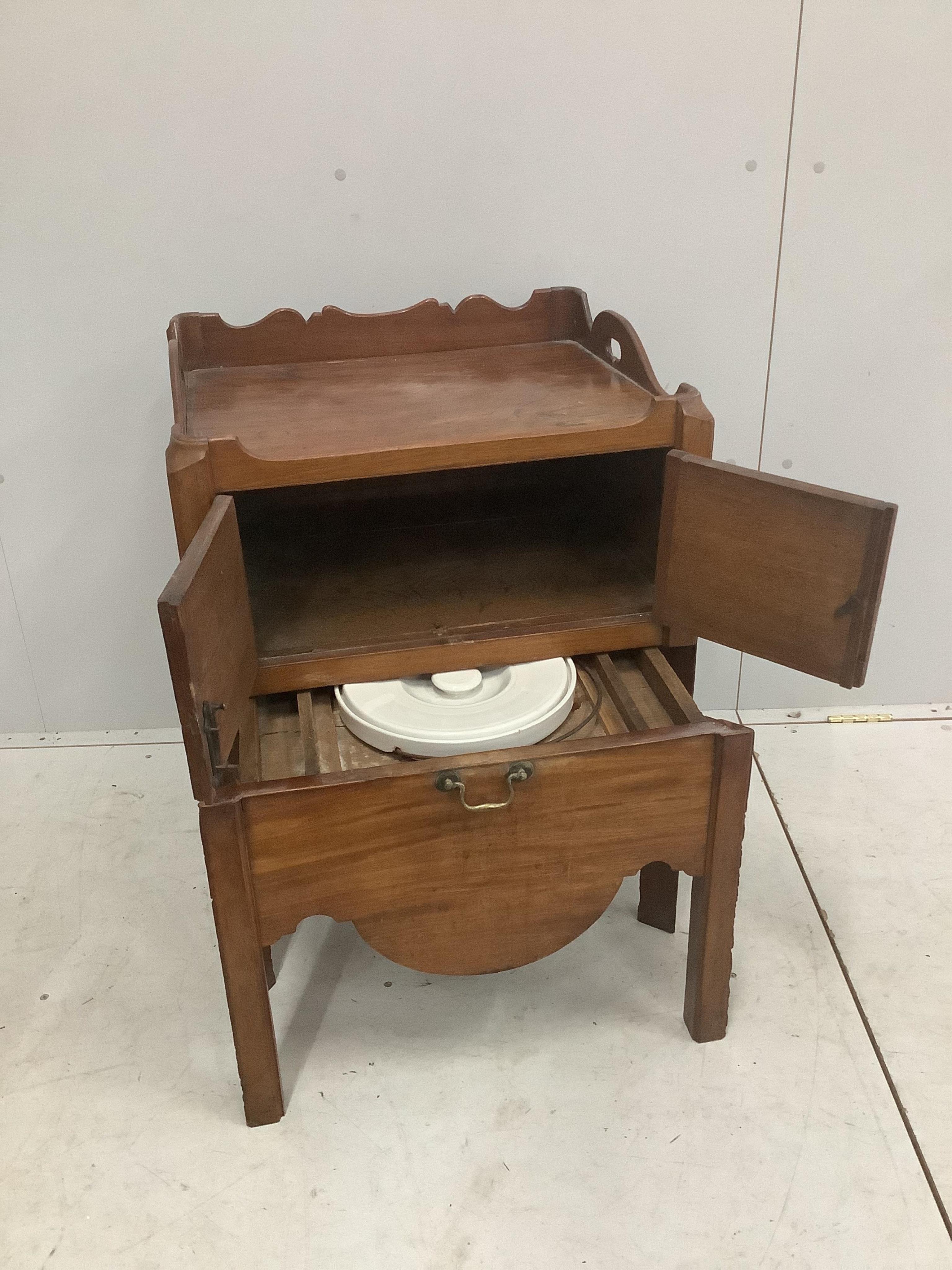 A George III mahogany tray top commode, width 57cm, depth 52cm, height 76cm. Condition - poor to fair